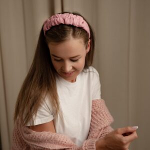 opaska marszczona lniana różowa handmade